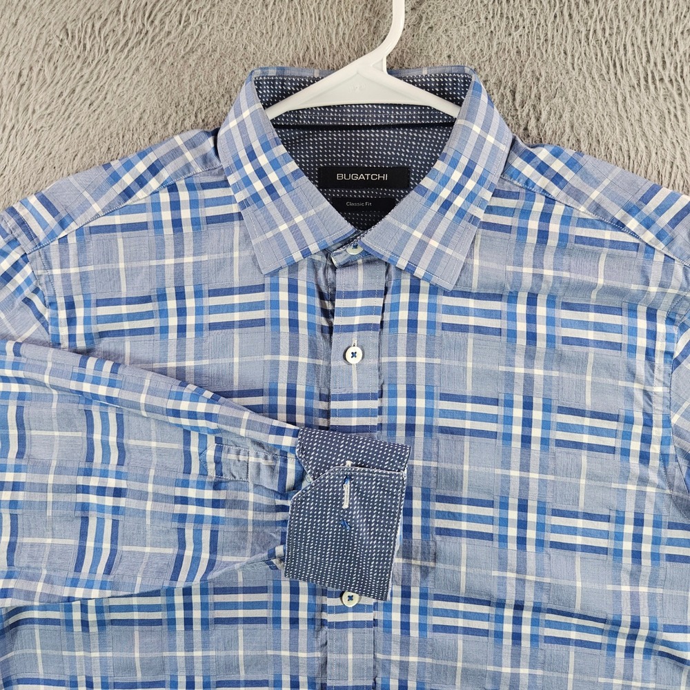 Bugatchi Classic Fit Mens Blue White Plaid Button Down Shirt M Cotton‎